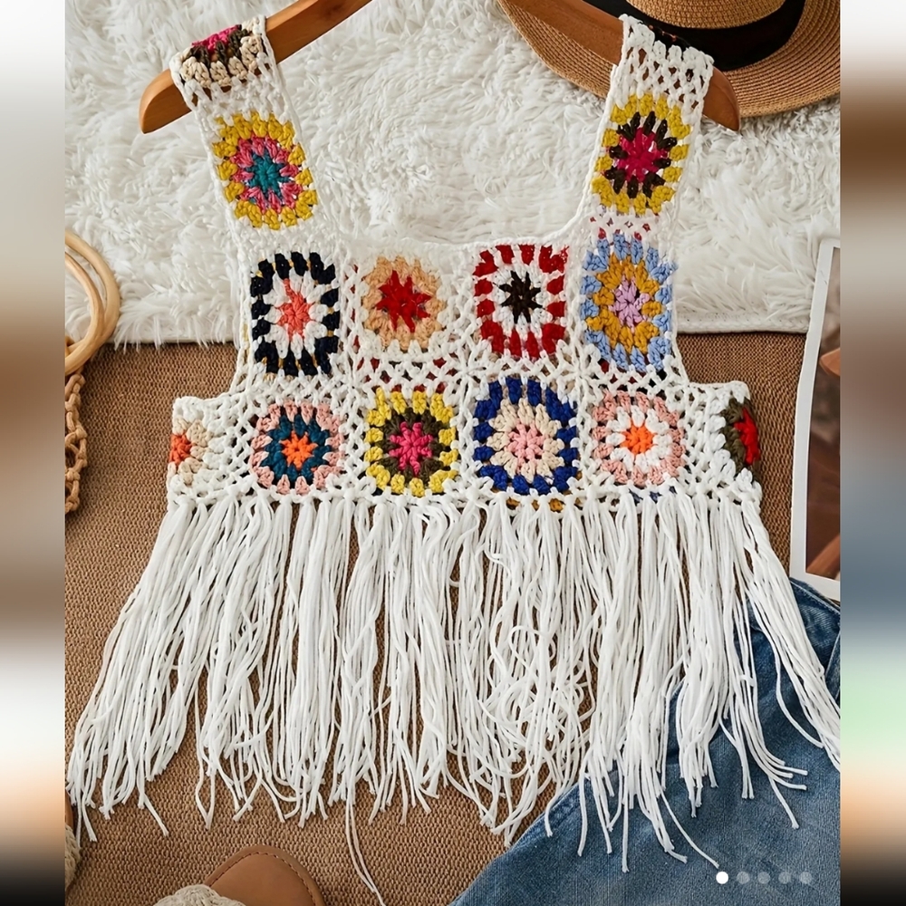 New Bohemian Style Beach Cover-Up Vest Top, Beach Vacation Fringe  Hollow Out